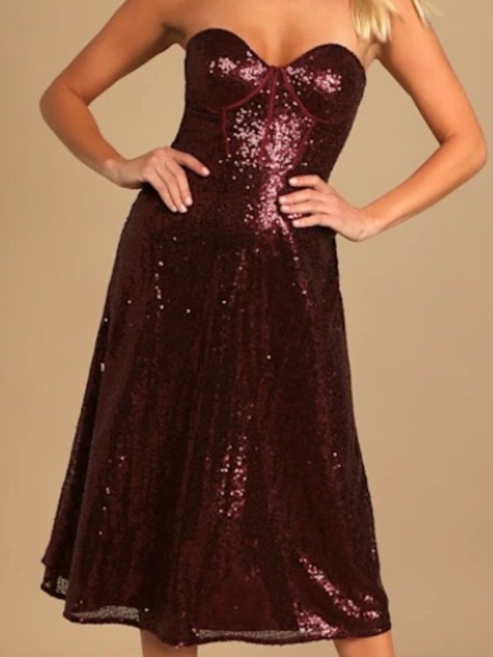 NWT Lulus Boost Your Beauty Wine Red Sequin Strapless Bustier Midi Dress Small S